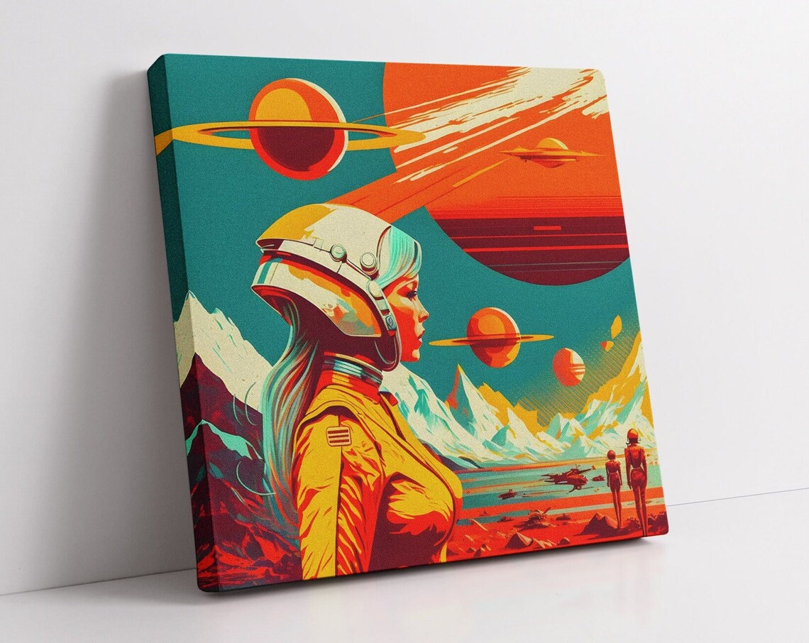 Retro Futuristic Female Astronaut Alien Planets Pulp Sci-Fi Art Poster