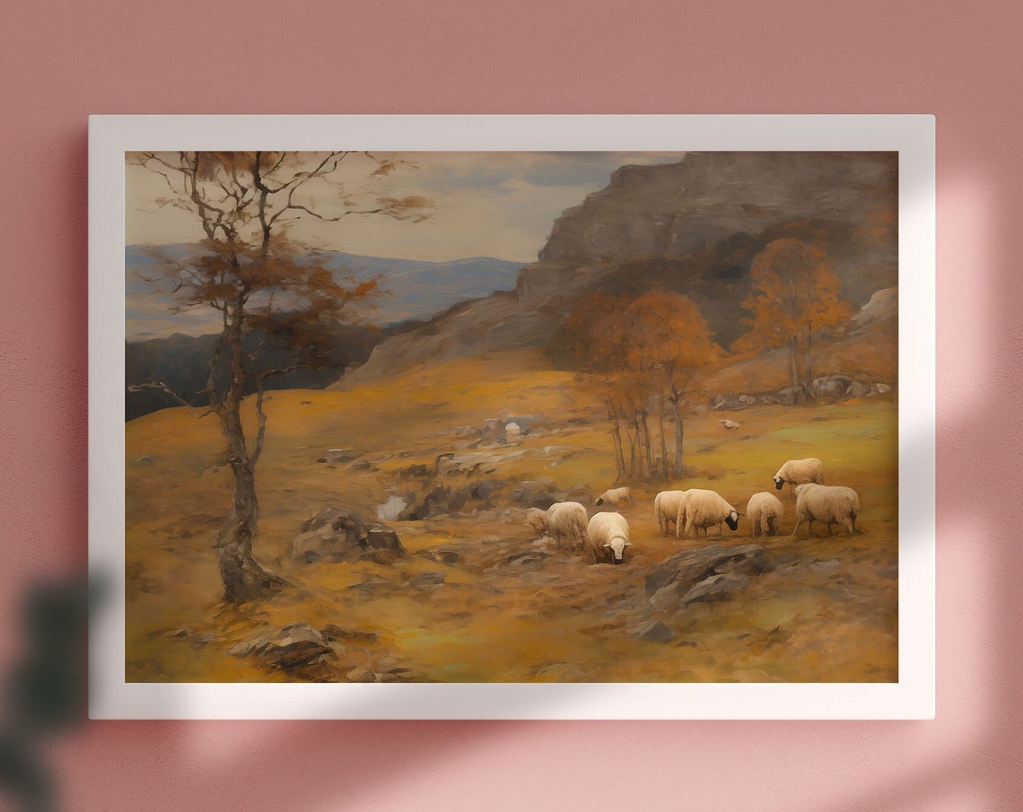 Sheep Grazing Autumn Hillside Rocky Mountain Vintage Pastoral Wall Art - Image 3