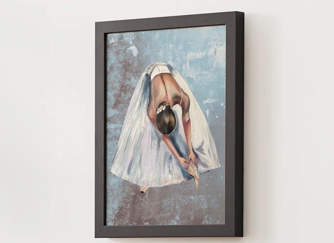 Ballerina Adjusting Pointe Shoe Overhead Watercolor Dance Poster - Image 3