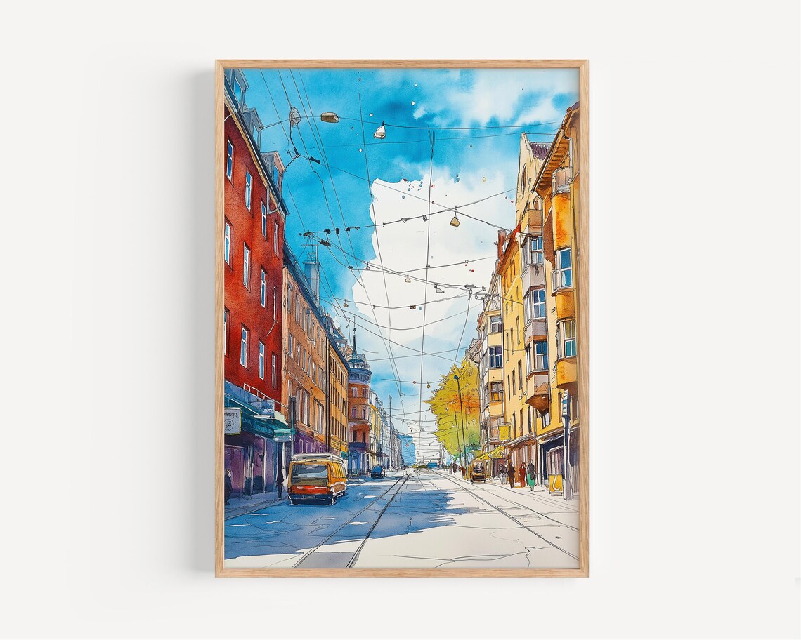 Oslo Norway Watercolor Sunny Tram Street European Scene Poster