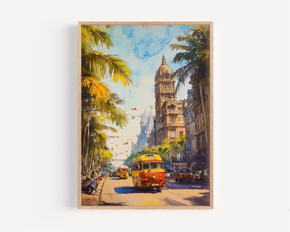 Mumbai Watercolor Travel Poster, India Illustration