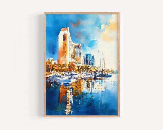 San Diego Watercolor Painting Wall Art Print Poster Travel Decor Illustration Home Usa