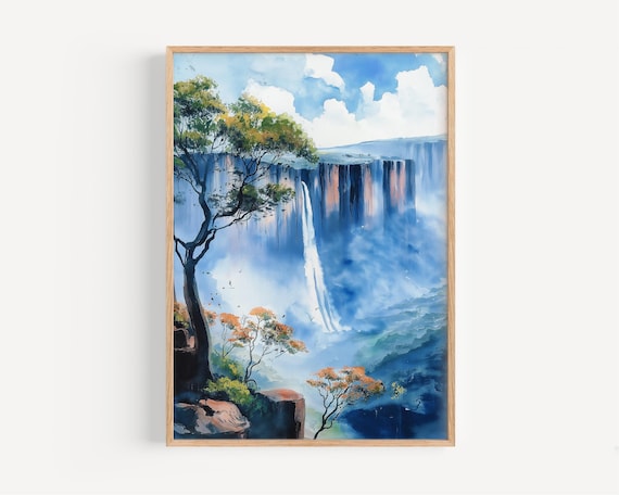 Mount Roraima Watercolor Waterfall Cliff Jungle Misty Nature Scene Poster