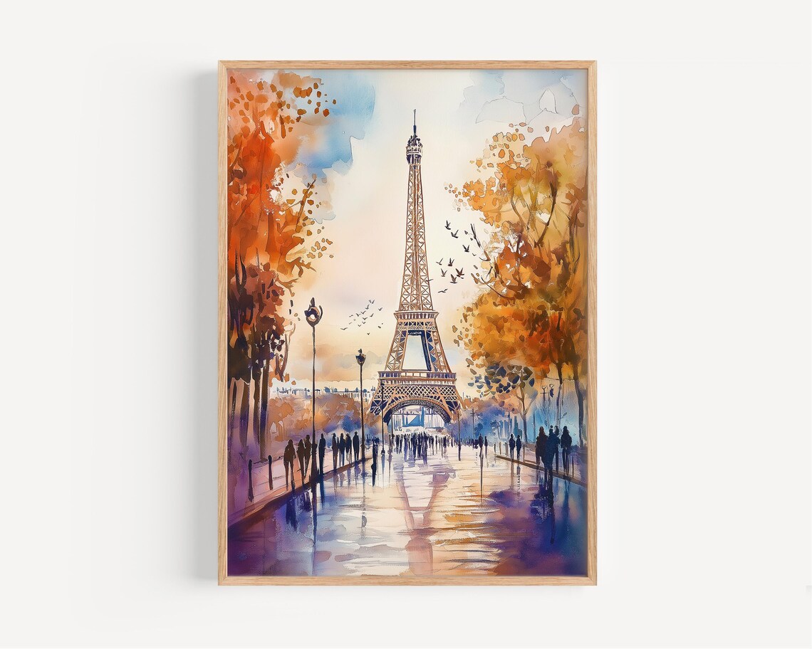Paris France Watercolor Eiffel Tower Autumn Boulevard Sunset Reflection Poster