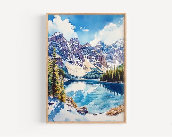 Banff Watercolor Painting Wall Art Print Canada Poster Travel Decor Illustration Home Nature