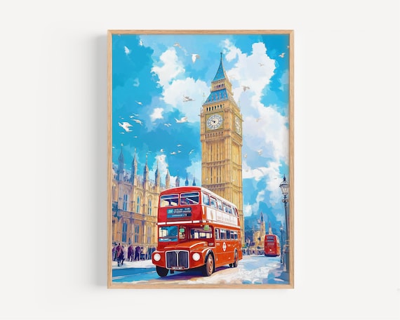 London Big Ben Red Double Decker Bus Watercolor Street Cityscape Poster