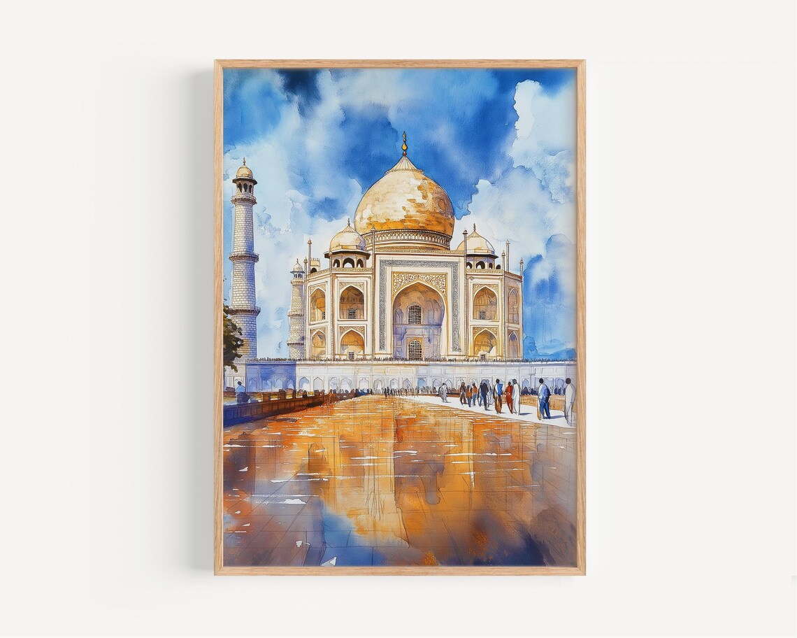 Taj Mahal Agra India Golden Dome Watercolor Travel Landmark Poster