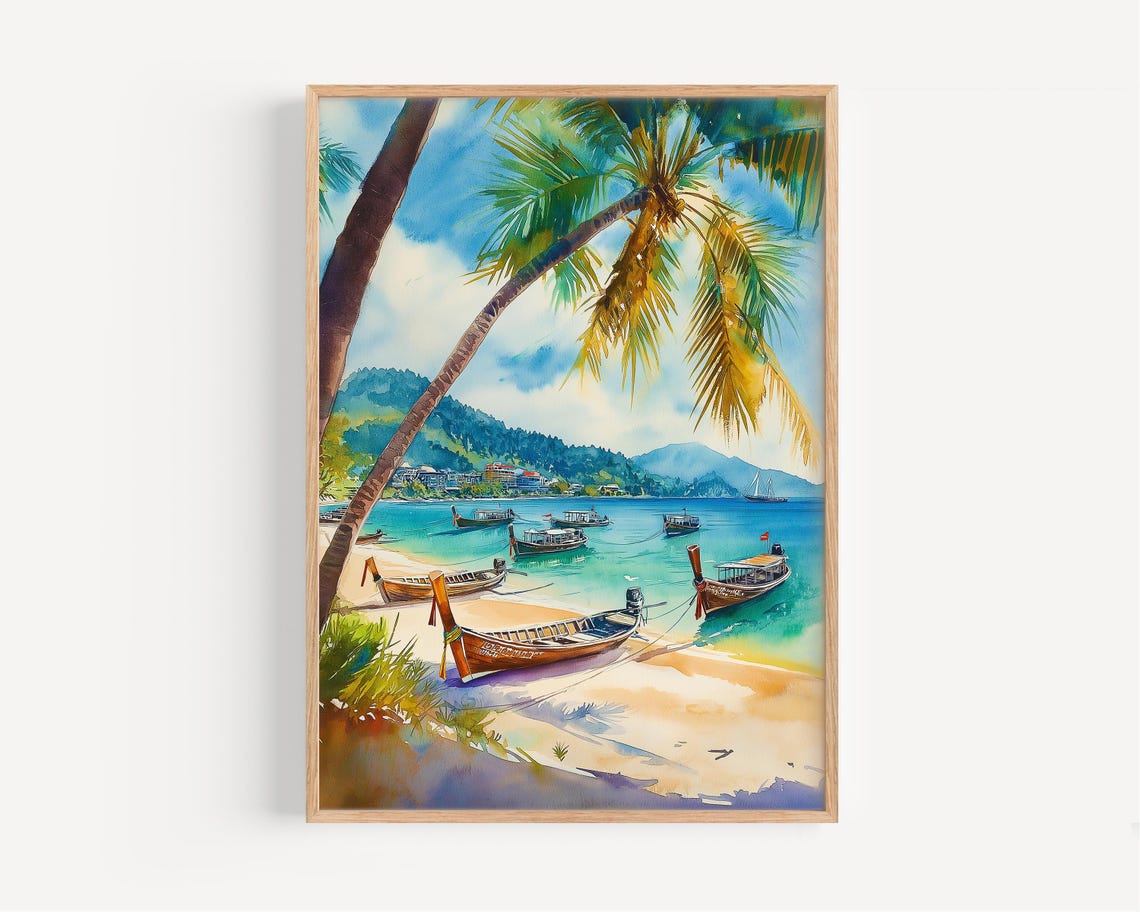Phuket Thailand Watercolor Poster Beach Longtail Boats Palm Art