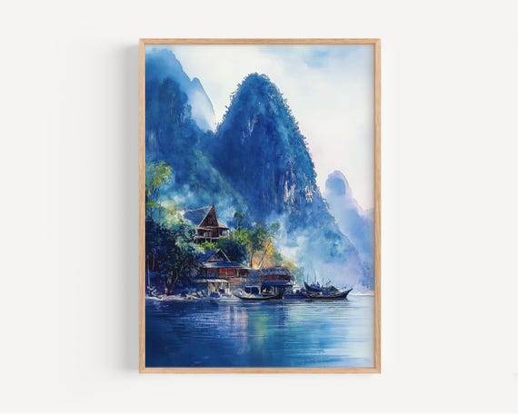 Nong Khiaw Watercolor Painting Wall Art Print Loas Poster Laos Travel Decor Illustration Home
