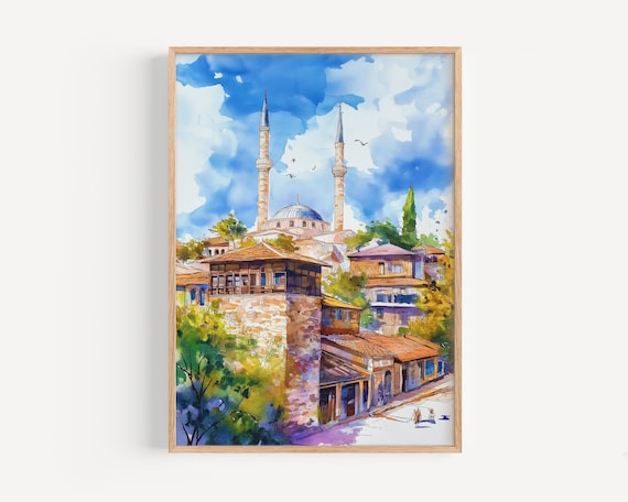 Antalya Turkey Old Town Mosque With Twin Minarets Watercolor Travel Poster