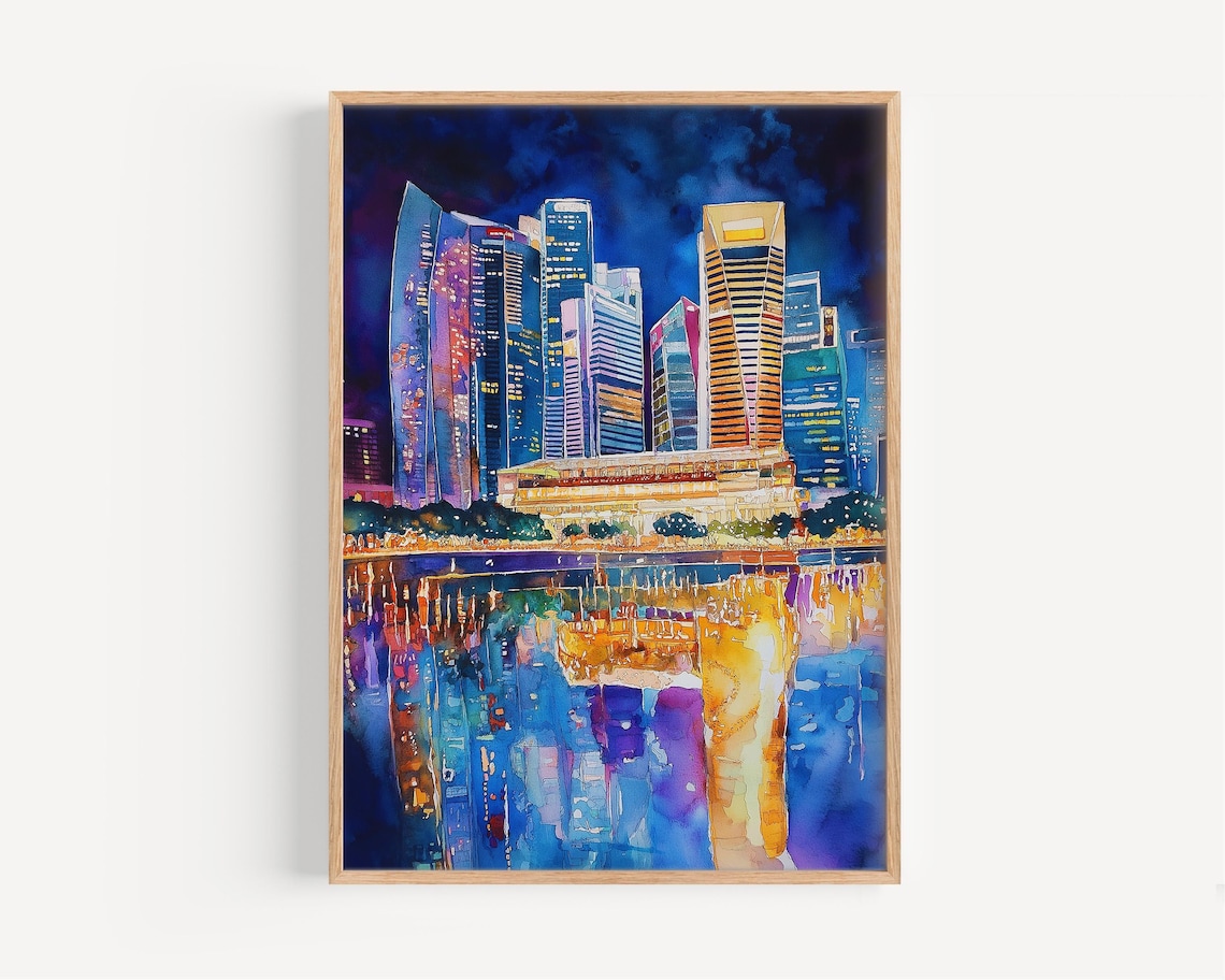 Singapore Night Skyline Lit Towers Reflected On Water Watercolor Poster