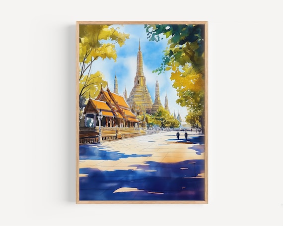 Bangkok Thailand Wat Arun Golden Temple Spires Watercolor Travel Poster