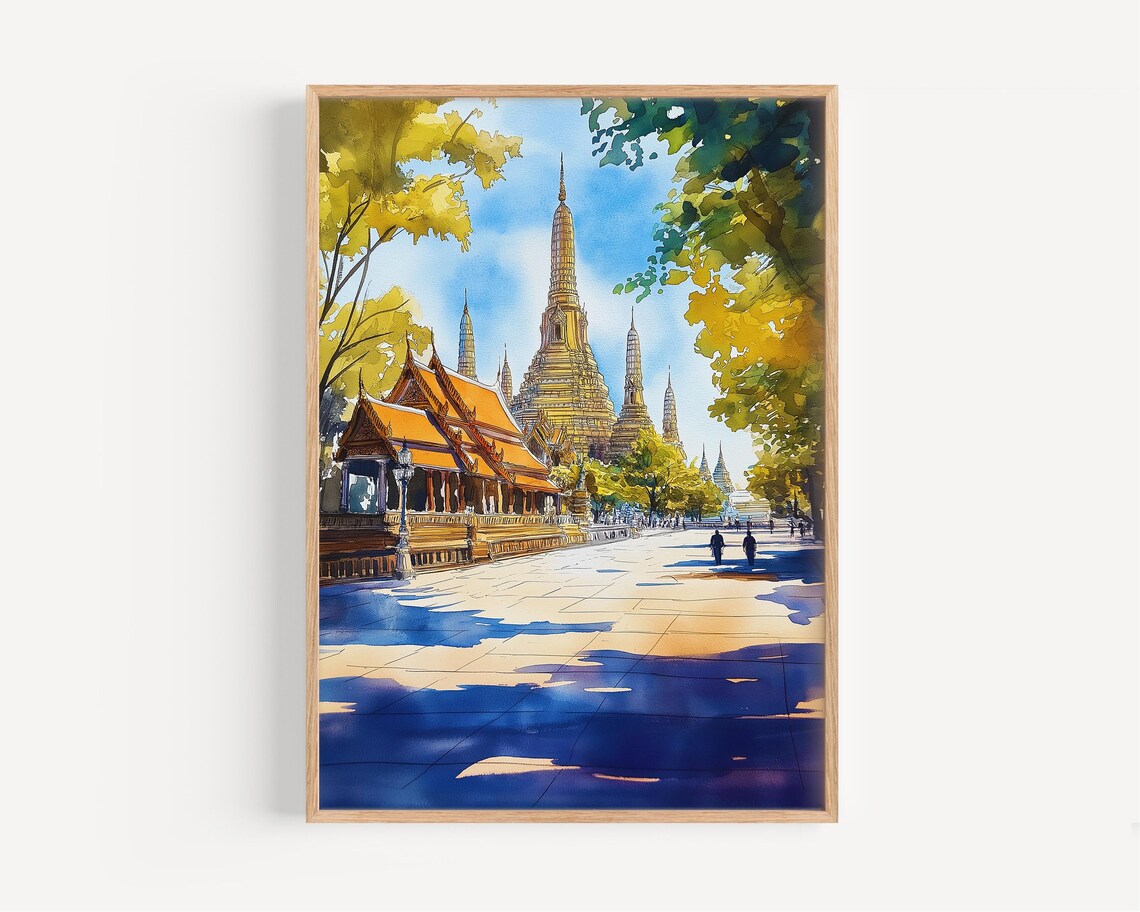 Bangkok Thailand Wat Arun Golden Temple Spires Watercolor Travel Poster