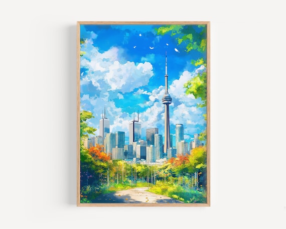 Toronto Skyline Watercolor Poster CN Tower Sunny Day City Art