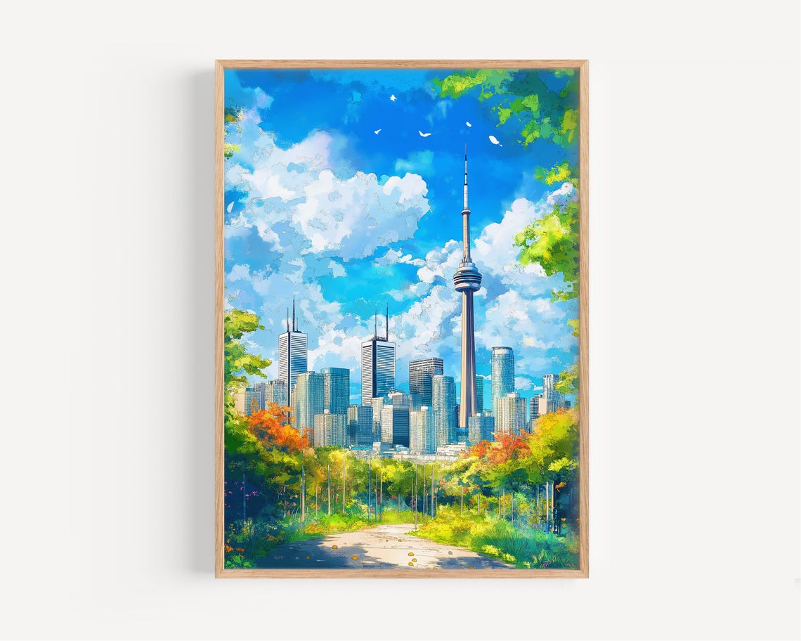 Toronto Skyline Watercolor Poster CN Tower Sunny Day City Art