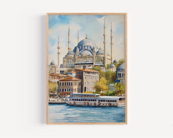 Istanbul Turkey Blue Mosque Ferry Waterfront Watercolor Poster