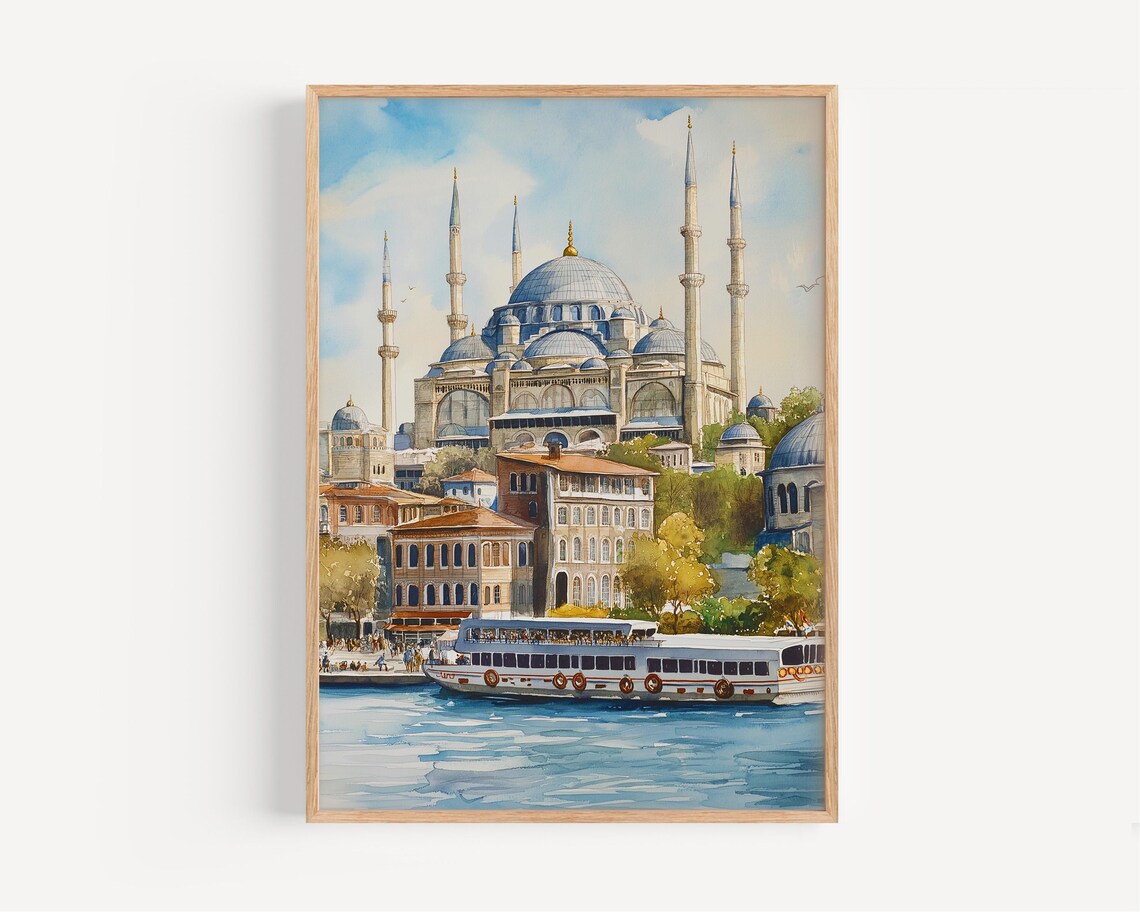 Istanbul Turkey Blue Mosque Ferry Waterfront Watercolor Poster
