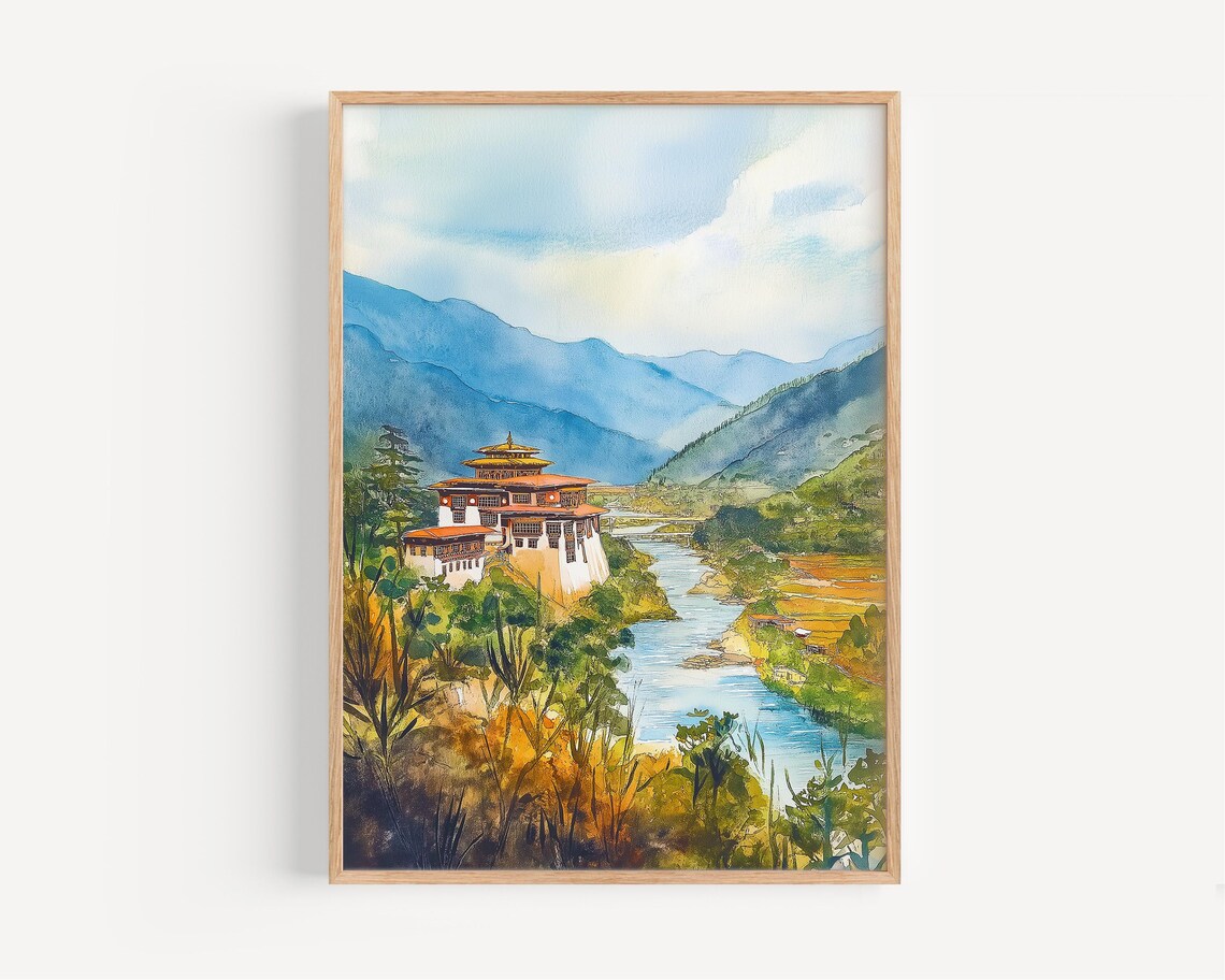 Punakha Valley Bhutan Dzong Watercolor Mountain River Travel Poster
