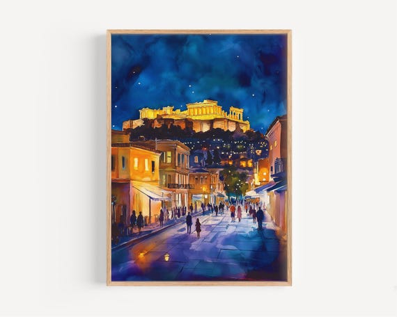Athens Watercolor Painting Wall Art Print Europe Travel Greece Poster Decor Illustration Home Artwork