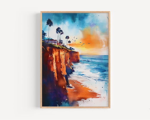 San Diego Sunset Cliffs Ocean Waves Watercolor Coastal Art Poster