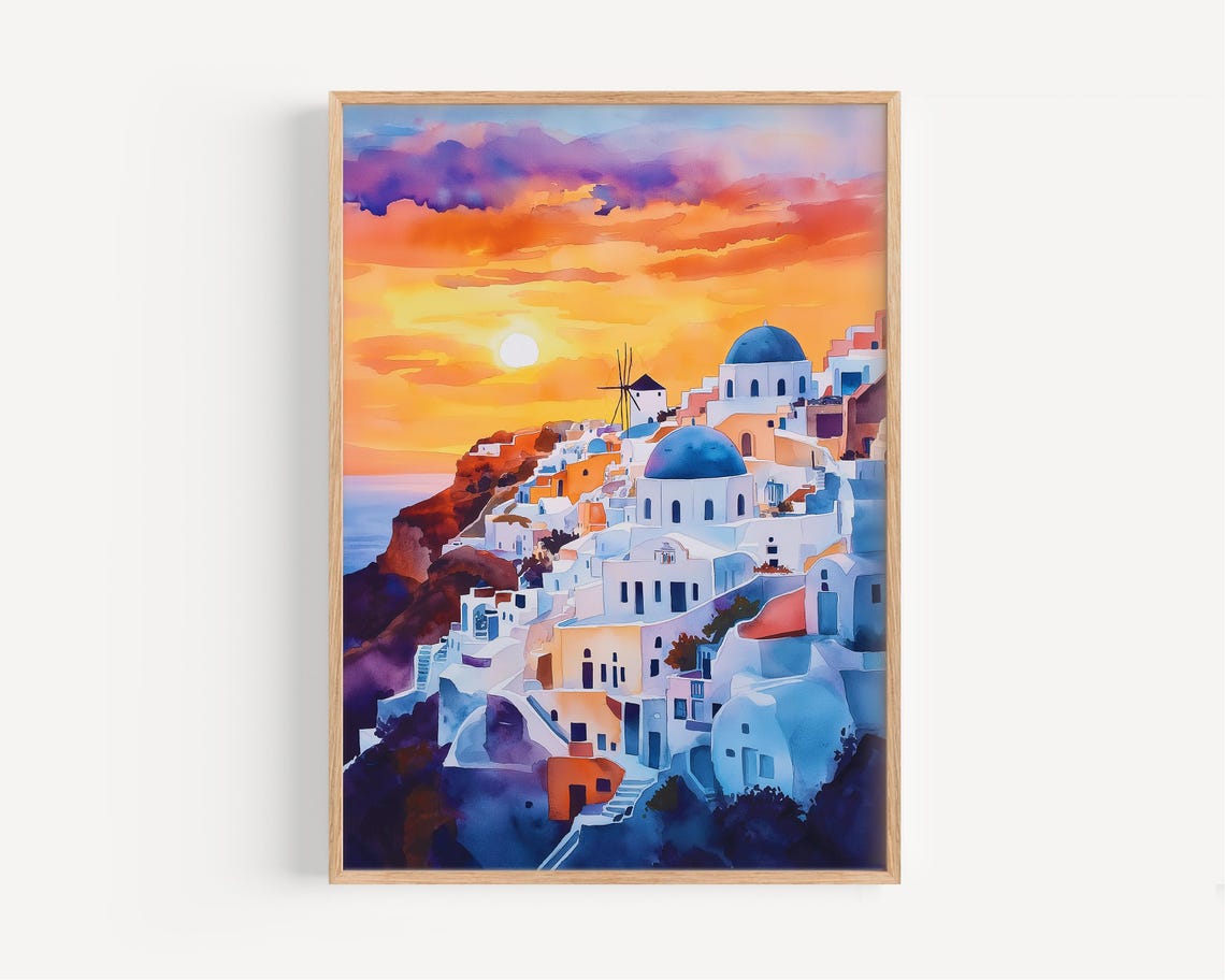 Santorini Sunset Watercolor Poster Whitewashed Village Blue Domes
