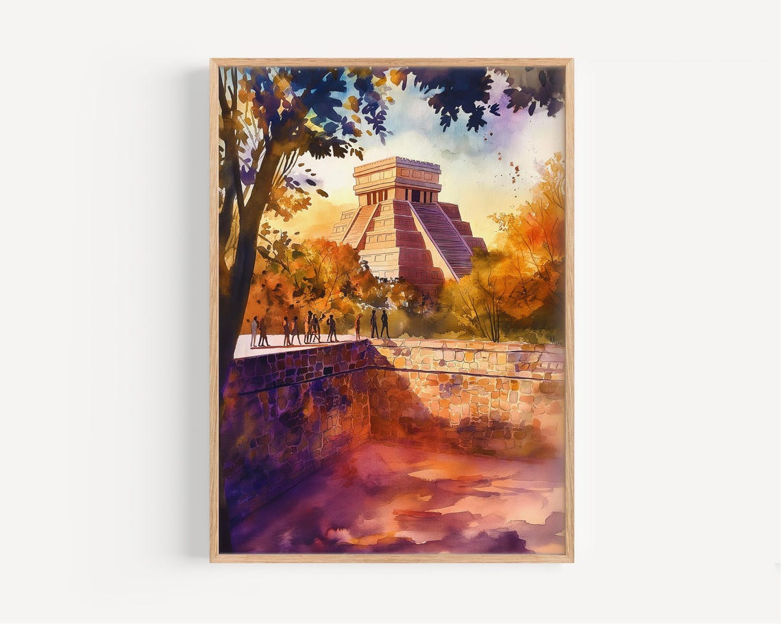 Chichen Itza Watercolor Poster Mayan Pyramid Sunset Mexico Art