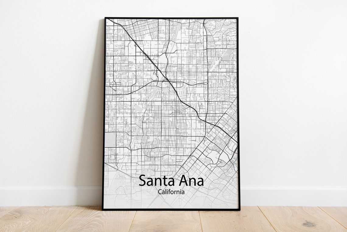 Santa Ana California Minimalist Black and White City Street Map Poster