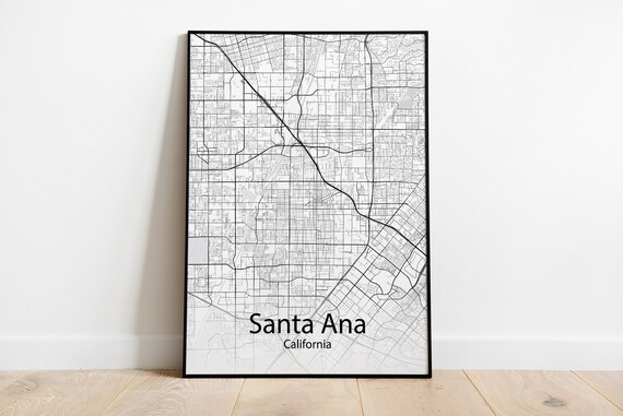 Santa Ana California Minimalist Black and White City Street Map Poster