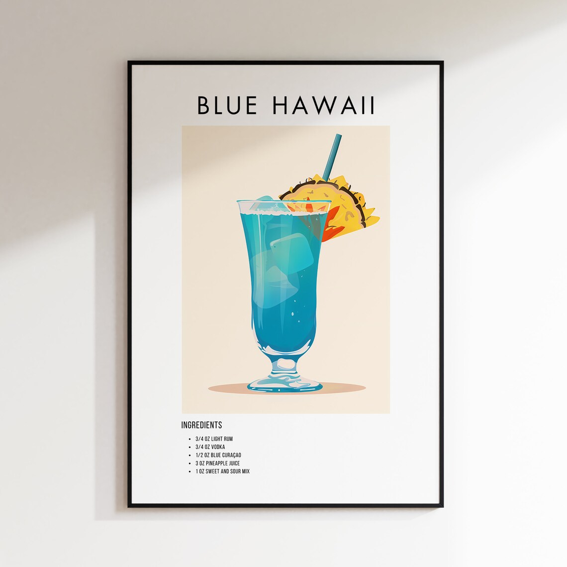 Blue Hawaii Cocktail Recipe Poster Pineapple Rum Drink Kitchen Art - Image 2
