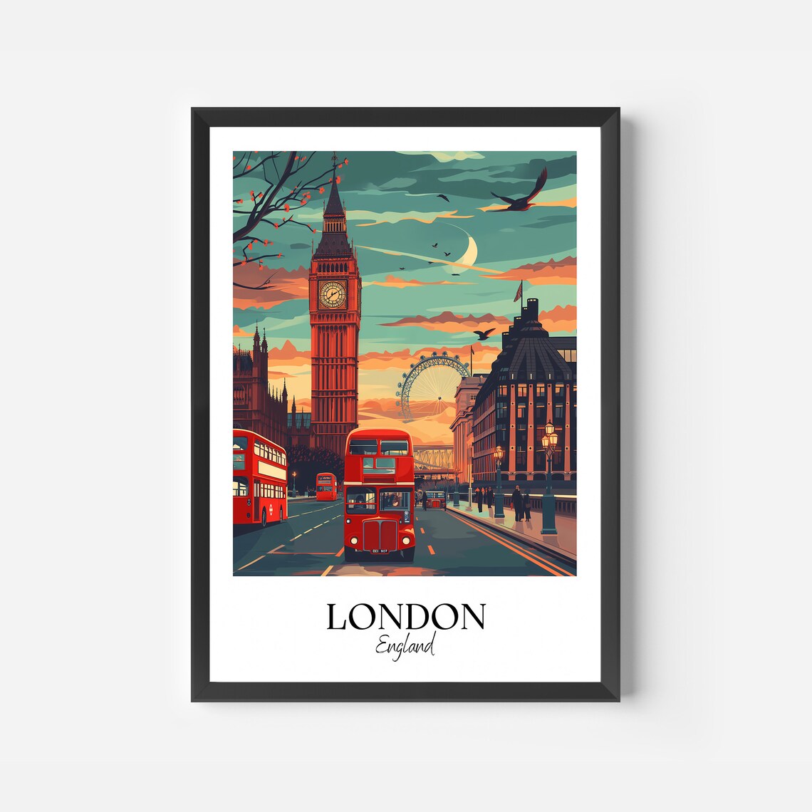 London England Big Ben Red Bus Sunset Vintage Style Travel Poster - Image 2