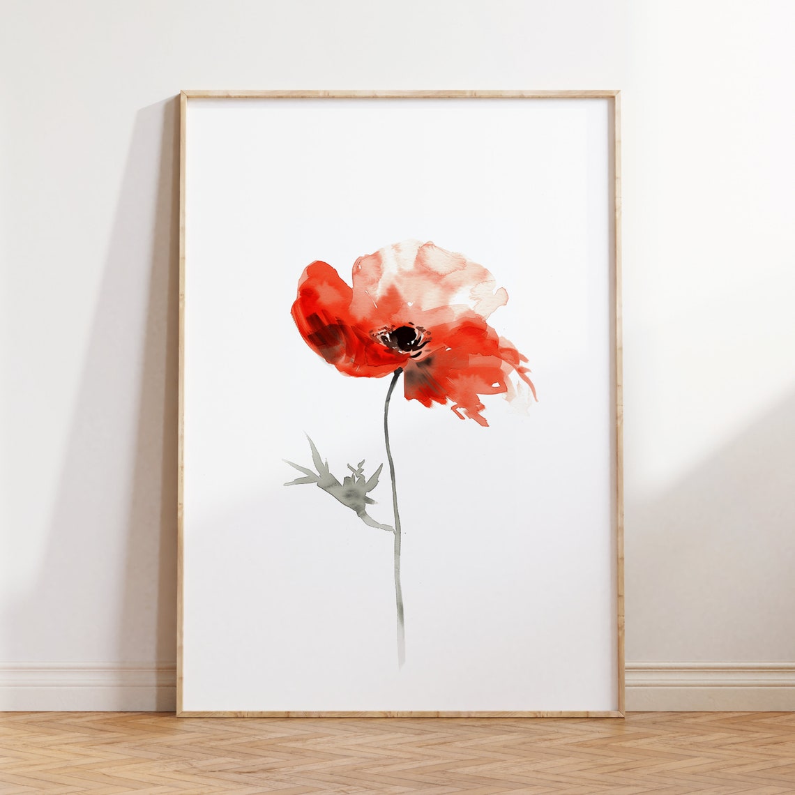 Single Red Poppy Watercolor Minimalist Solitary Bloom Poster