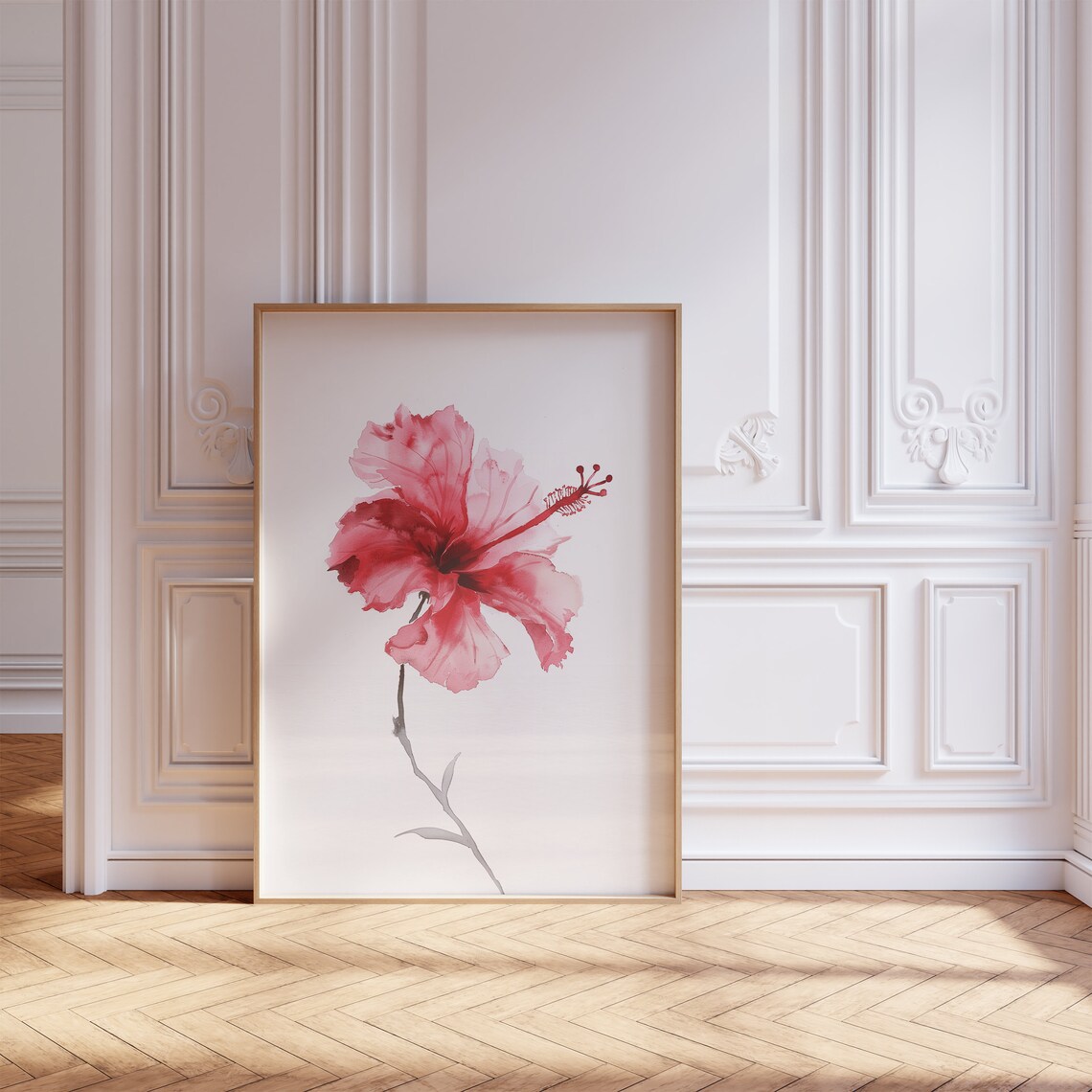 Red Hibiscus Bloom Watercolor Minimalist Tropical Flower Poster - Image 2