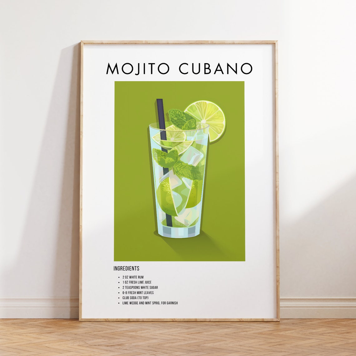 Mojito Cubano Cocktail Recipe Card Modern Kitchen Bar Art Poster