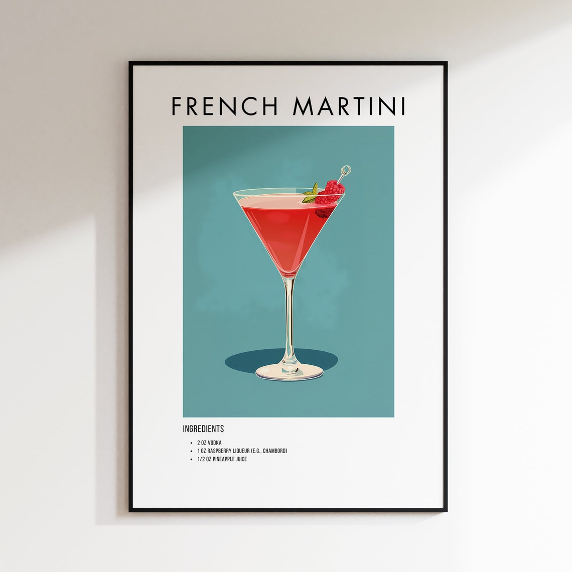 French Martini Raspberry Cocktail Minimalist Teal Bar Cart Print - Image 2