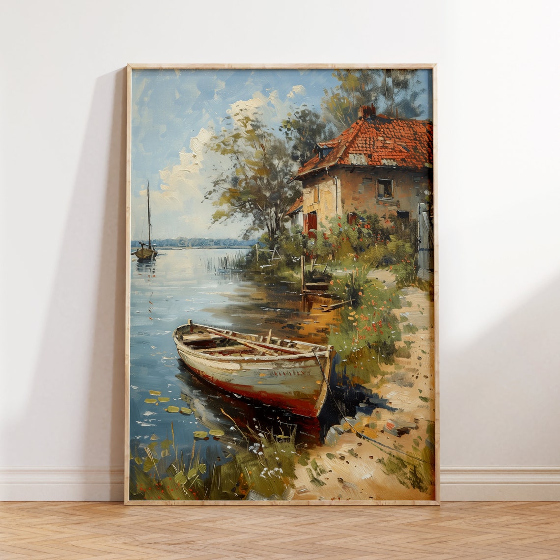 Summer Lakeside Cottage Oil Painting Vintage Boathouse Rowboat Poster