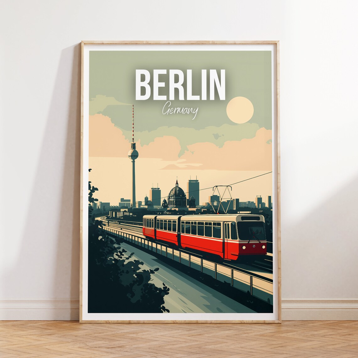 Berlin Germany TV Tower and Red Tram Vintage City Travel Poster