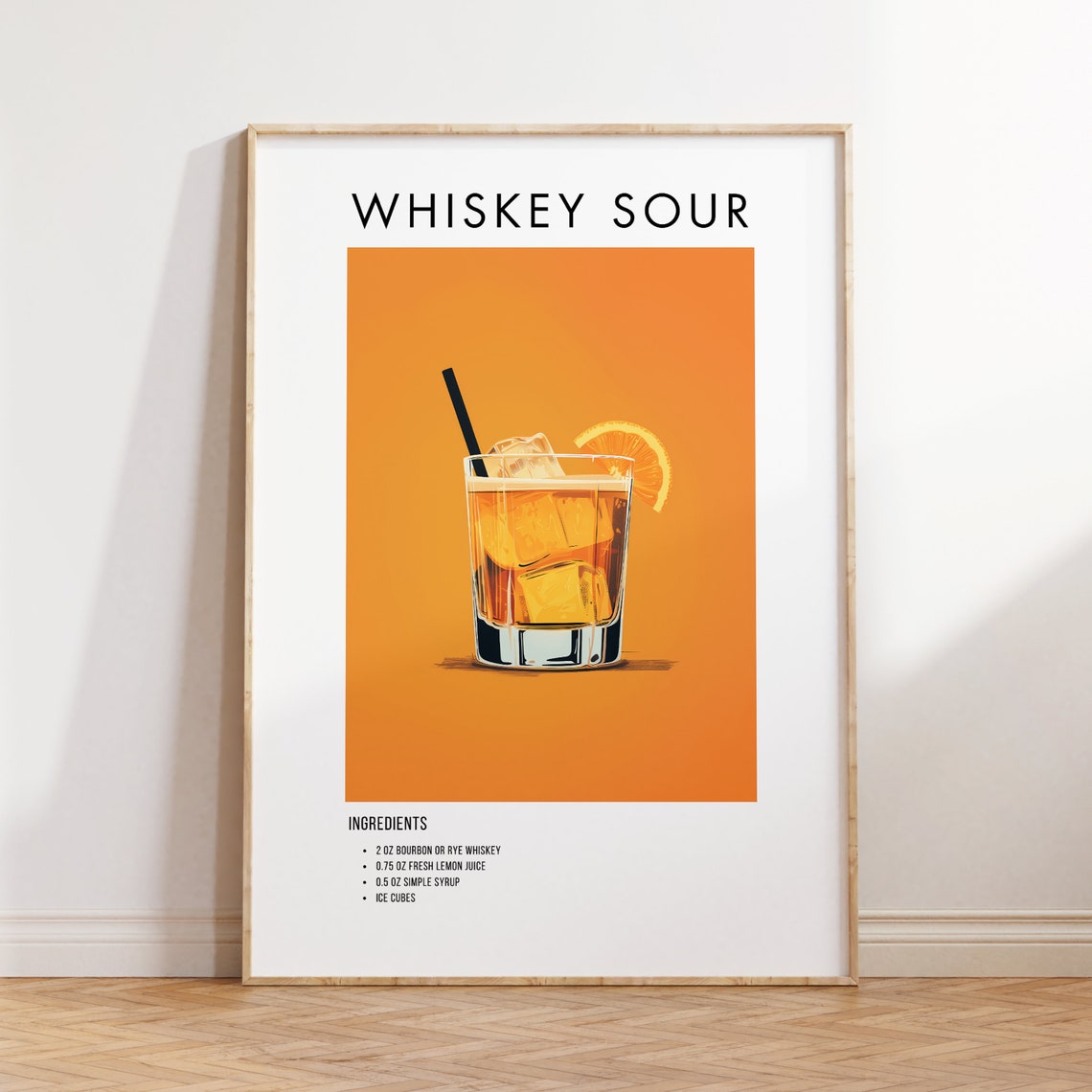 Whiskey Sour Cocktail Recipe Card Modern Kitchen Bar Art Poster