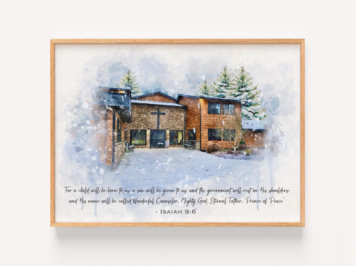 Snowy Church Watercolor Painting With Isaiah 9:6 Scripture Poster