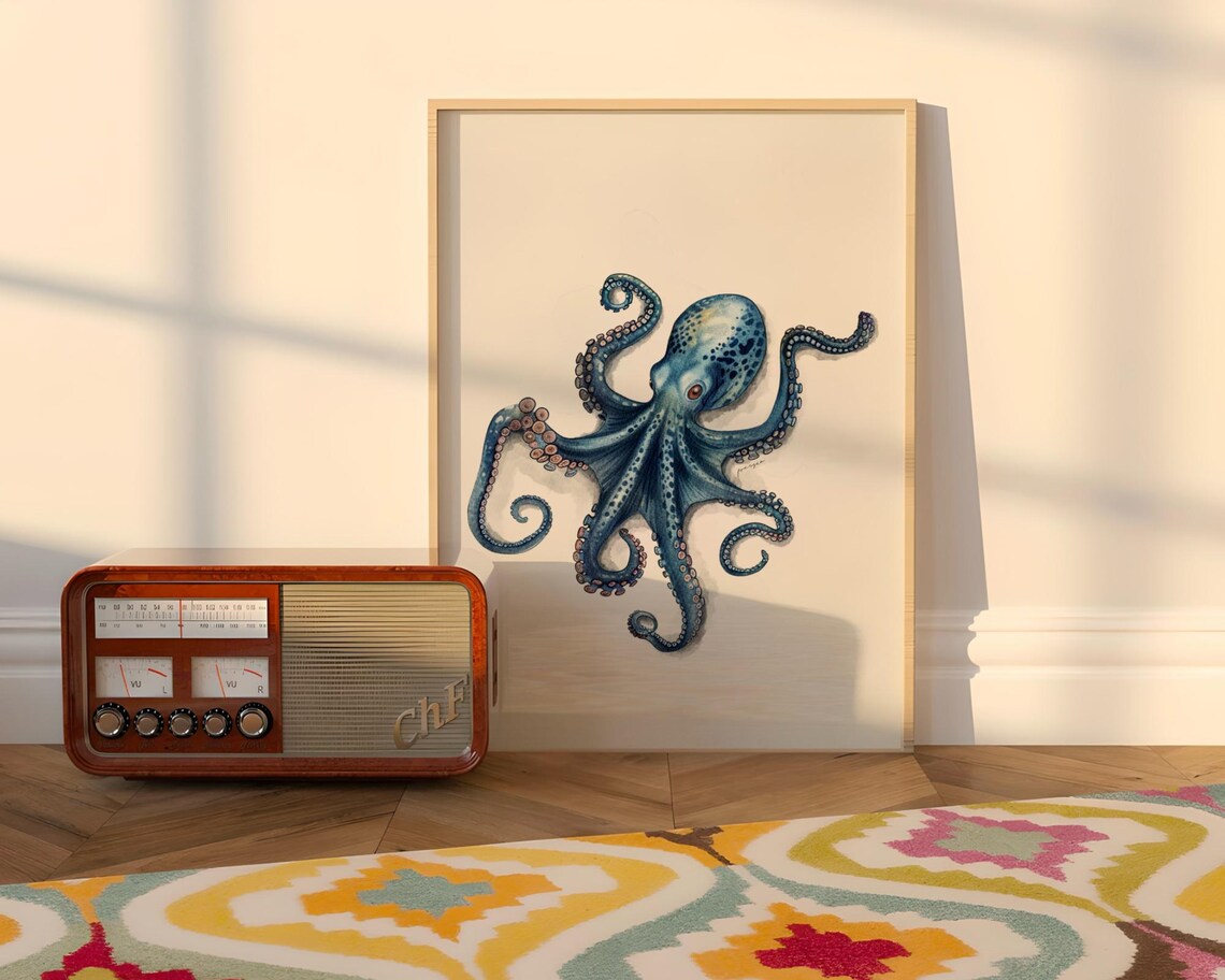 Octopus Print Wall Art For Restaurant Decorations Trendy Poster Watercolor Ocean Decoration - Image 3