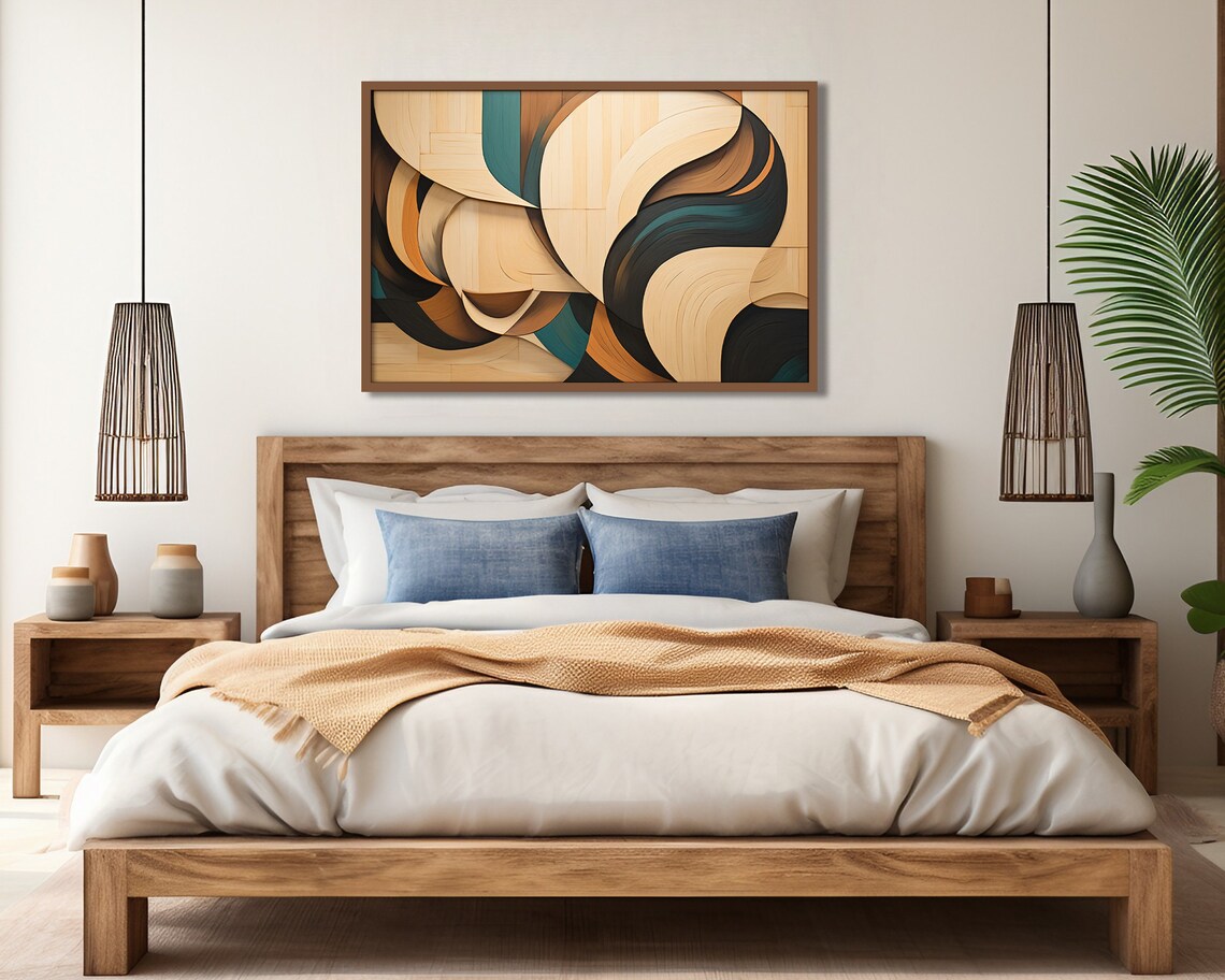 Wood Look Curved Panels Brown Teal Abstract Sculptural Wall Art Poster - Image 2