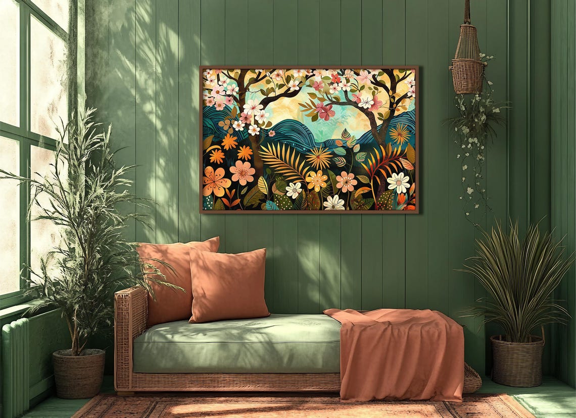 Whimsical Flower Forest Colorful Folk Art Blossom Trees Art Poster - Image 4