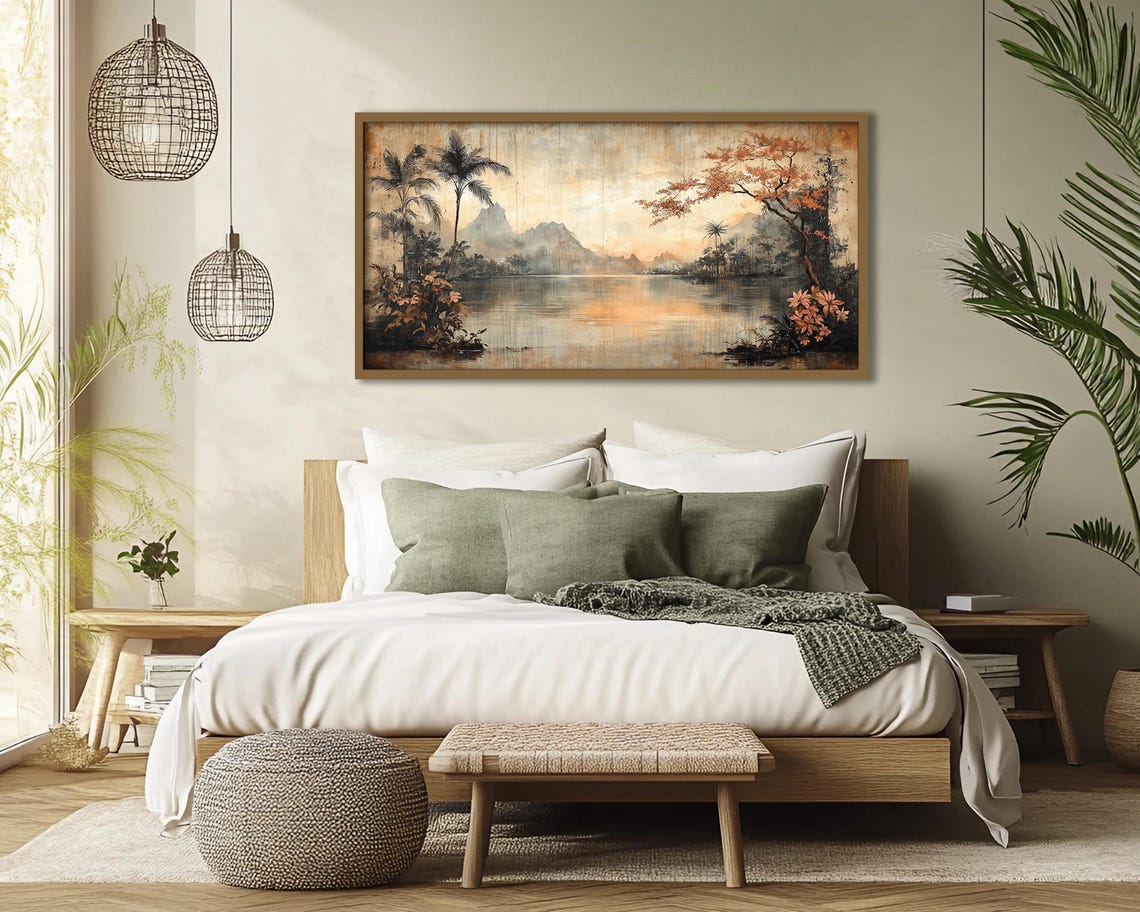 Asian Style Tropical Lagoon Palms Misty Mountain Vintage Art Poster - Image 4