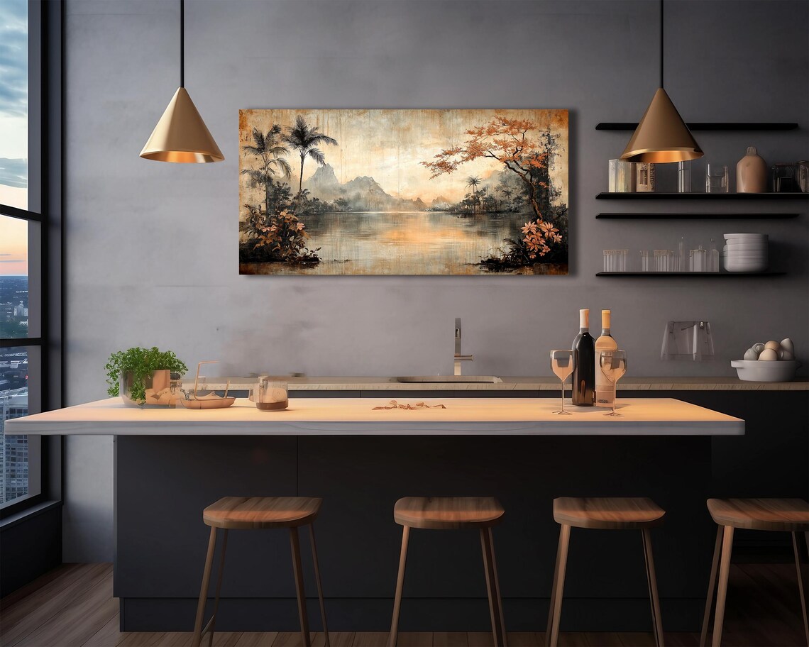 Asian Style Tropical Lagoon Palms Misty Mountain Vintage Art Poster - Image 3