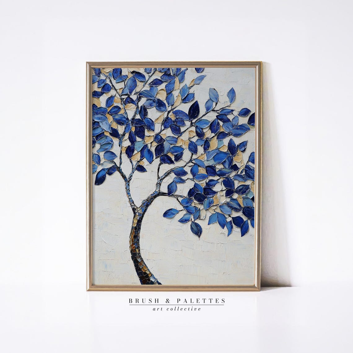 Blue And Beige Leaf Tree Mosaic Style Textured Painting Poster