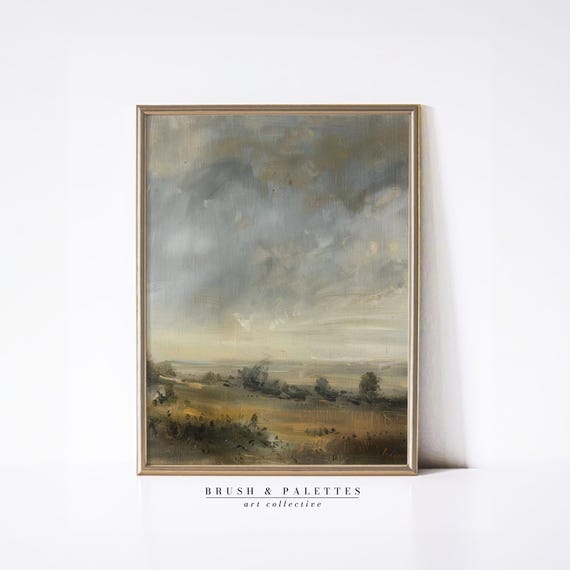 Moody Country Field Print Landscape Oil Painting Wall Decor Rustic Farmhouse Art For Autumn Or Thanksgiving Homes