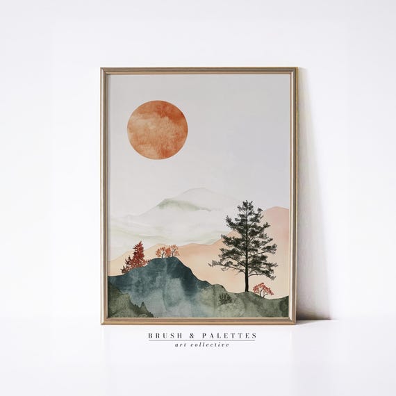 Minimalist Mountain Sun Painting Abstract Landscape Wall Decor Rustic Art For Country Farmhouse Or Contemporary Homes