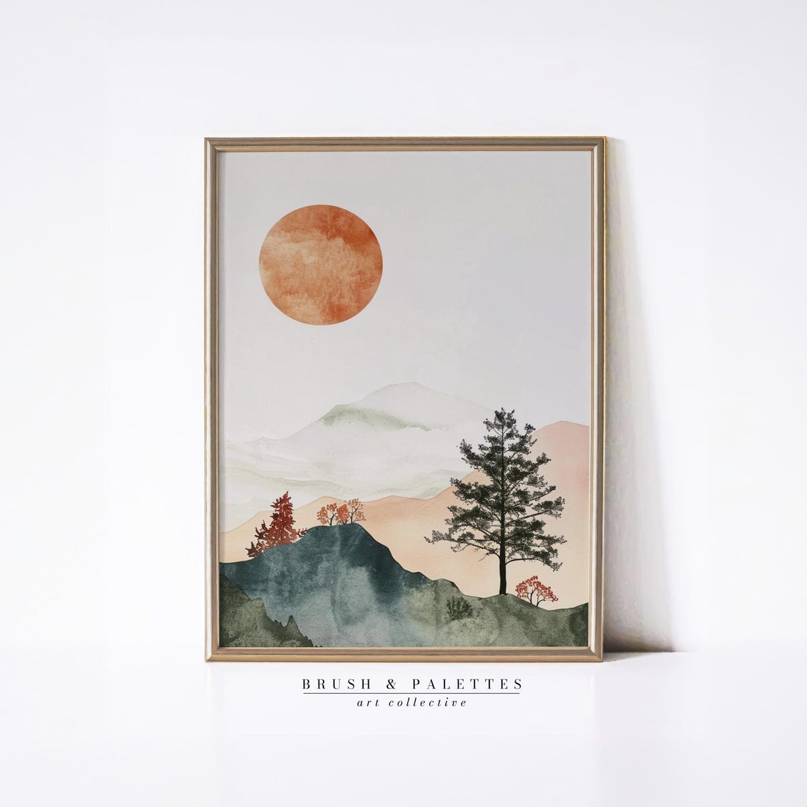 Minimalist Mountain Sun Painting Watercolor Pine Tree Landscape Print