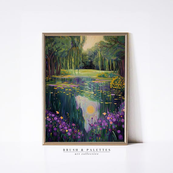 Sunlit Forest Pond Print Klimtinspired Nature Scene Wall Decor Whimsical Landscape For Bohemian Or Rustic Homes