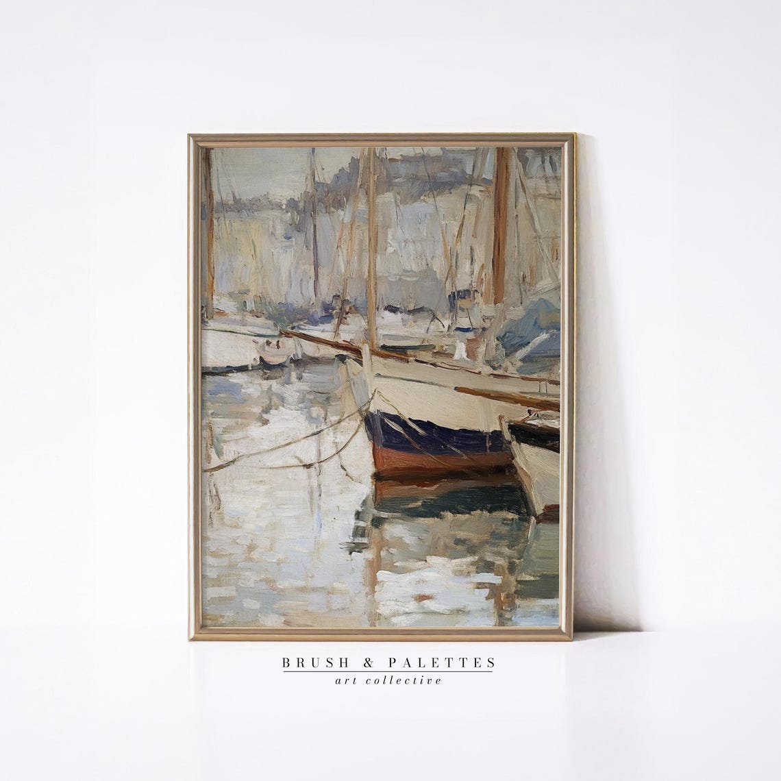 Harbor Boats Impressionist Painting Calm Water Reflections Poster