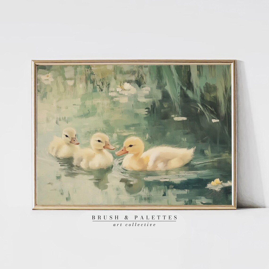 Three Yellow Ducklings Swimming Pond Impressionist Baby Ducks Poster